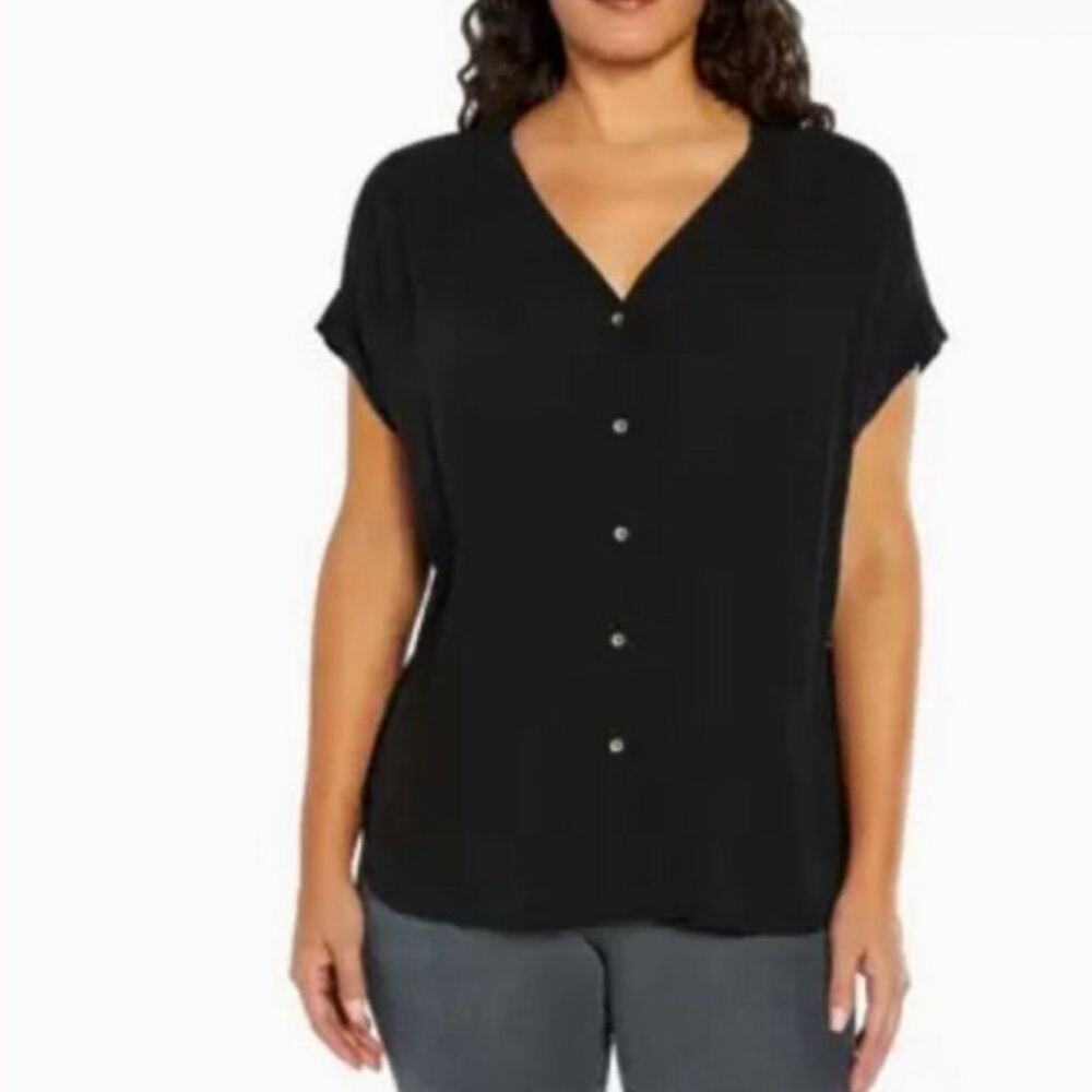 Orvis Women's Short Sleeve Button Front Black Blouse Shirt Size XXL